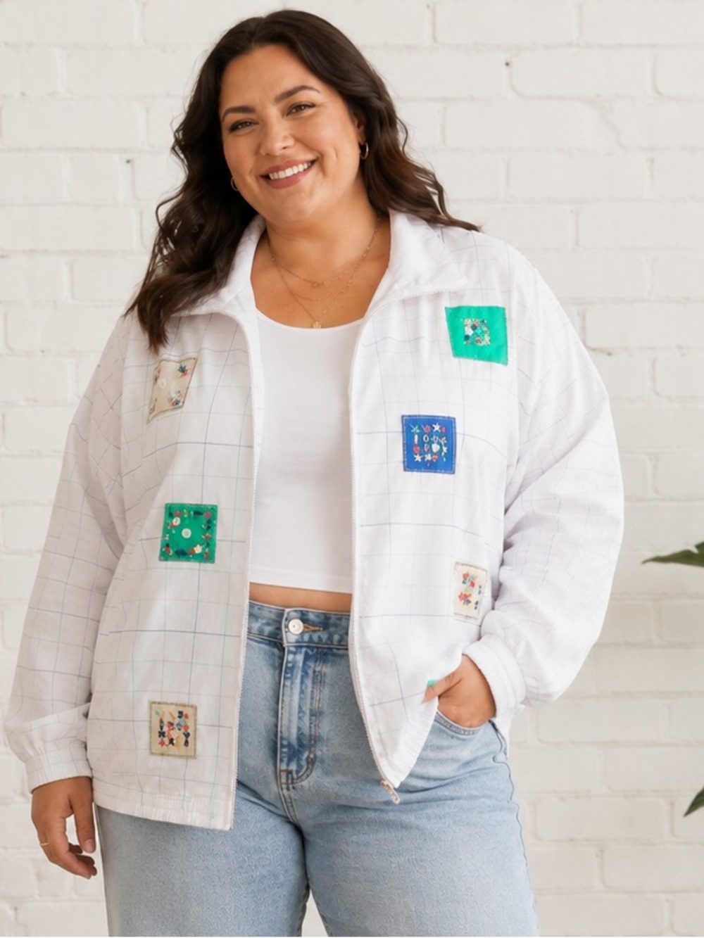 vintage koret san francisco 2x white grid embroidered patchwork windbreaker jack